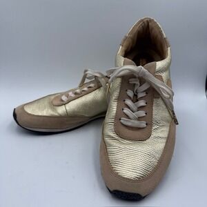 Michael Kors Allie Gold Metallic Tan Suede Trainer Sneaker 9M Womens HJ15A